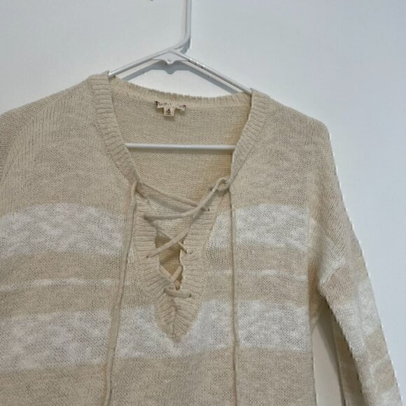 HEM & THREAD ALTAR'D STATE Cream White Striped Lace Up Knit Pullover Sweatshirt - Picture 7 of 14